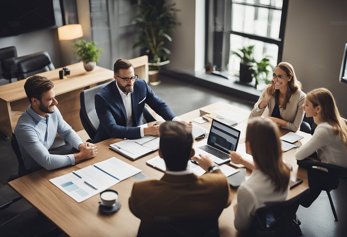 A real estate investor meeting with private money lenders in an office, discussing loan options and terms