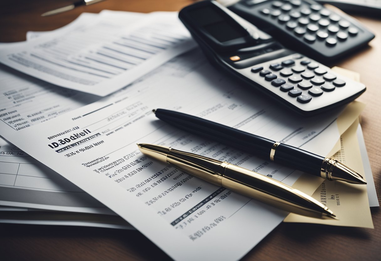 A stack of legal documents and financial statements on a desk with a pen and calculator