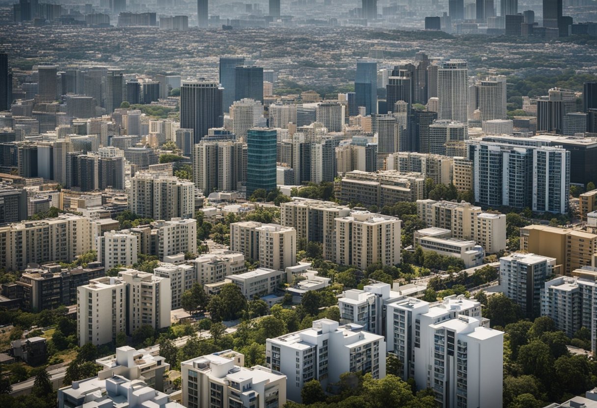An urban skyline with various types of buildings, including traditional homes, high-rise apartments, and commercial properties, all interconnected by a network of roads and walkways
