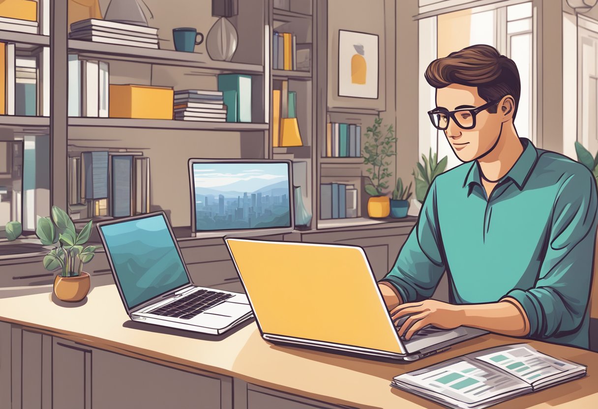 A person using a laptop to browse real estate websites, researching and comparing rental properties online