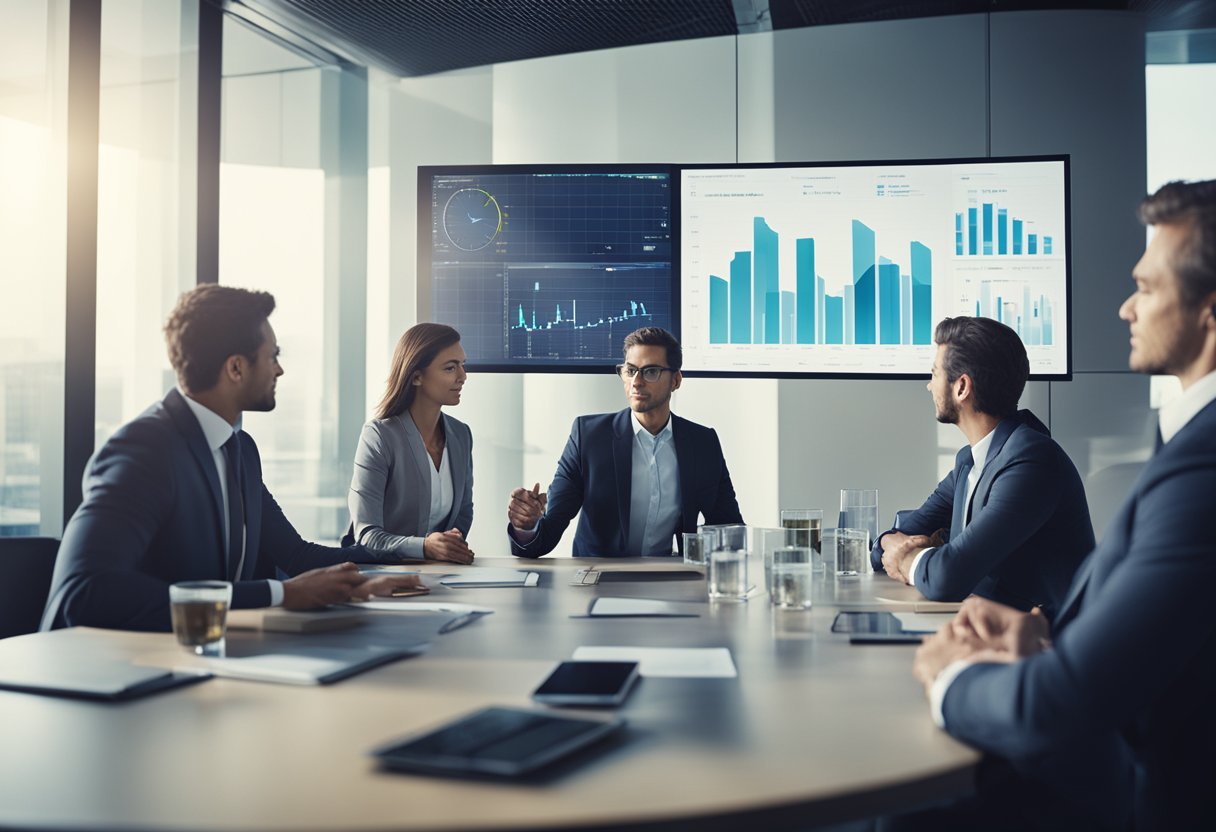 A group of investors discussing options for refinancing and exit strategies in a modern office boardroom with charts and graphs displayed on a large screen