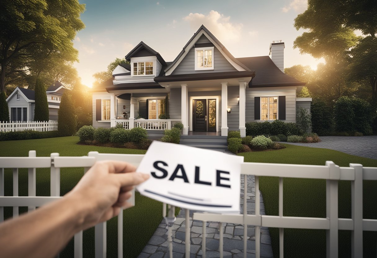 A house with a "For Sale" sign in the front yard, surrounded by a fence and trees, with a bank representative holding a contract and keys