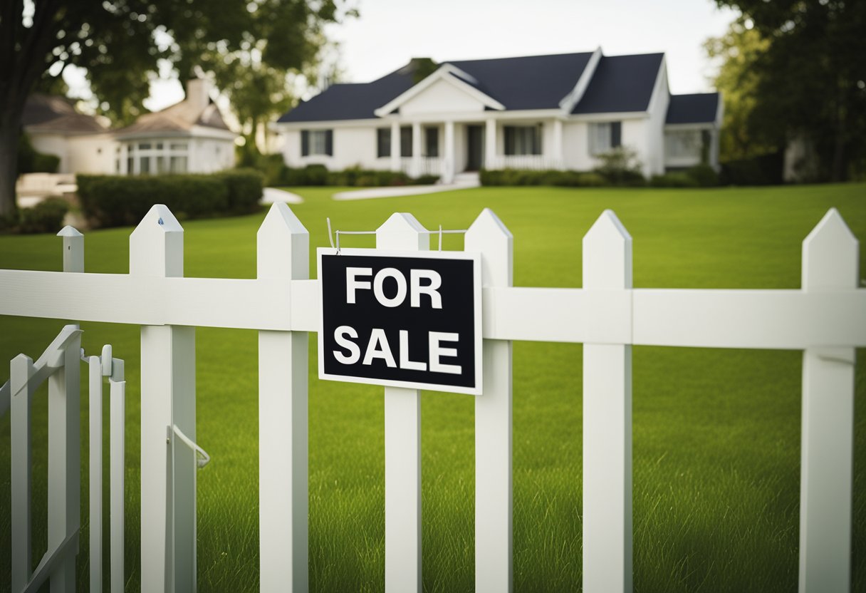 A suburban house with a "For Sale" sign and a line of credit symbol hovering above it. The house is surrounded by a fence and has a lush green lawn