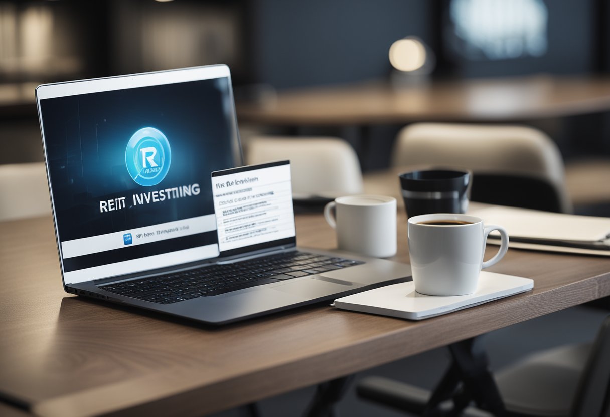 A laptop on a desk, displaying a website for online REIT investing. A cup of coffee and a notebook sit nearby