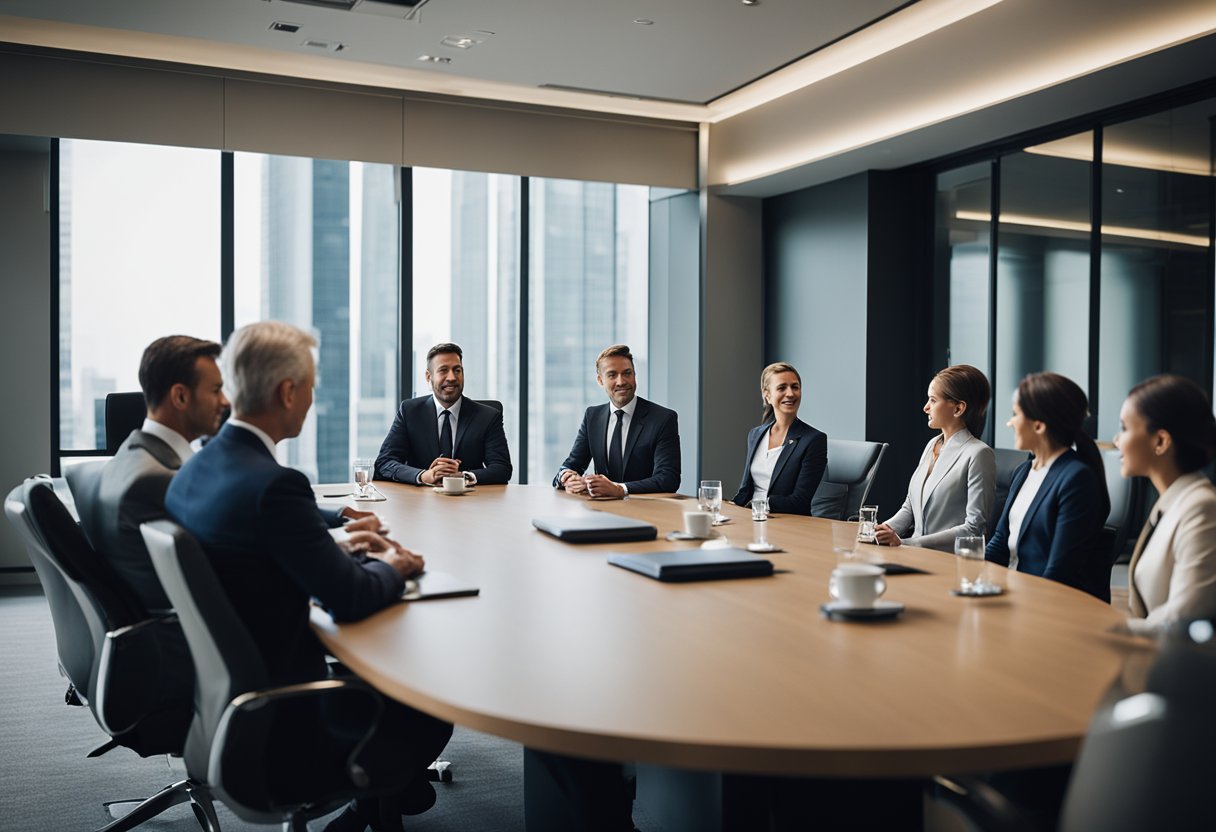 A group of private credit investors discussing strategies in a boardroom meeting