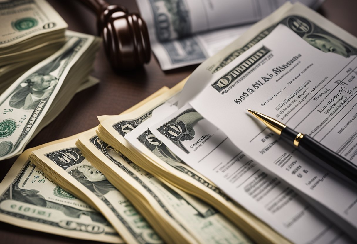 A stack of cash and a set of legal documents on a desk. A contract being signed by two parties with a handshake