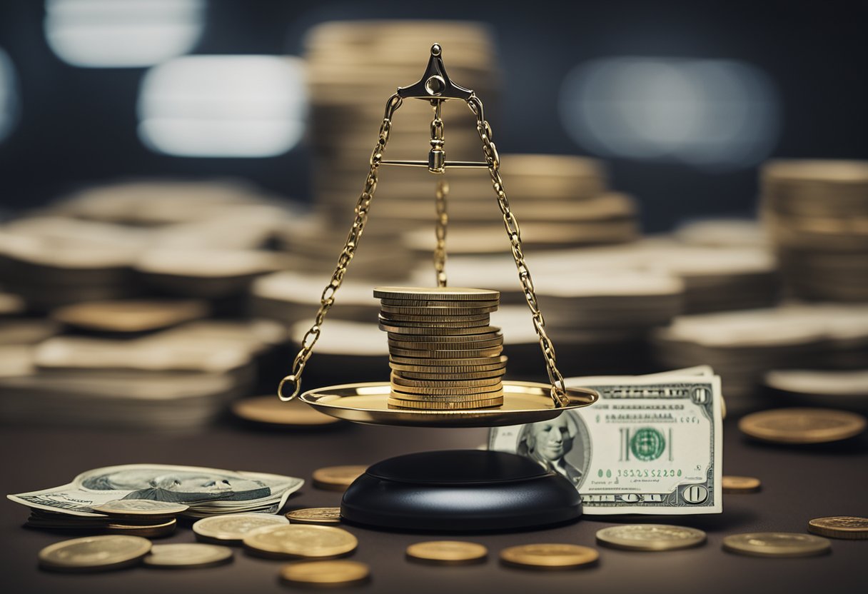 A scale balancing stacks of money and a pile of risky assets