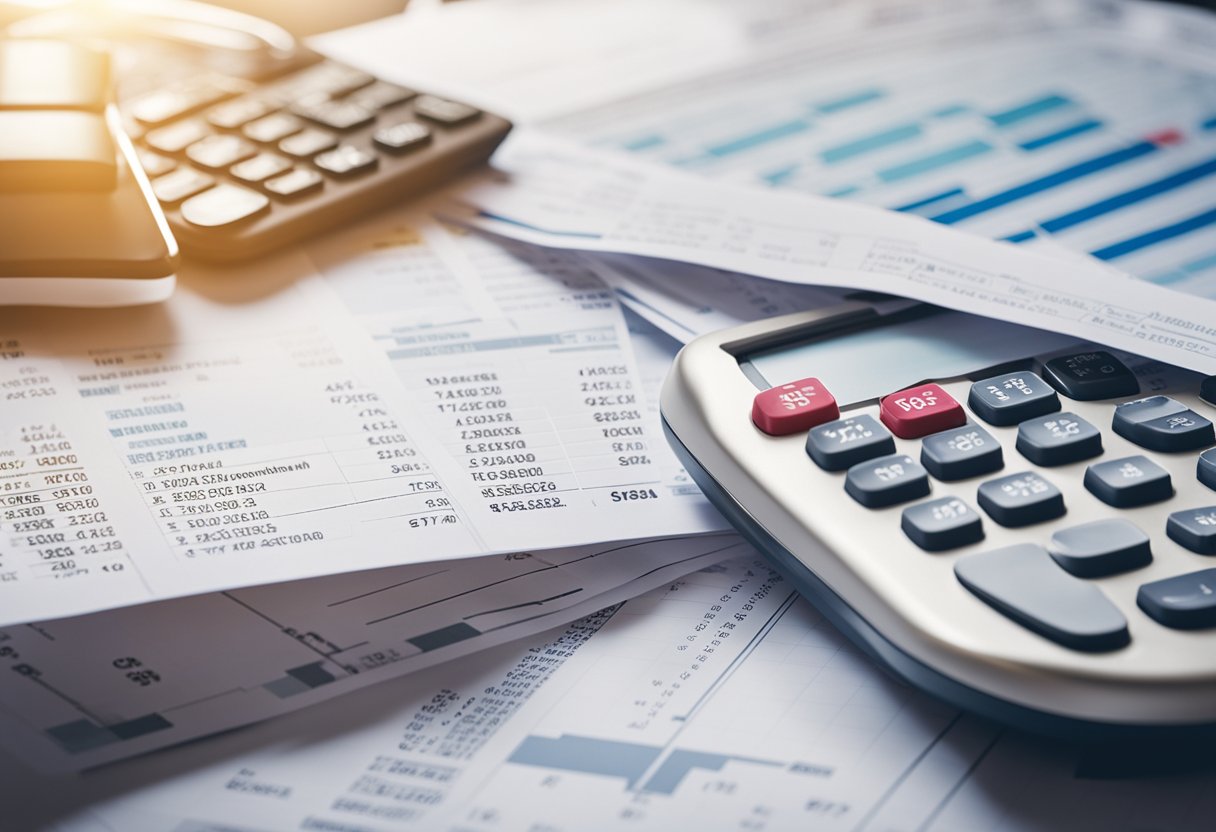 A stack of mortgage documents surrounded by fluctuating financial charts and graphs