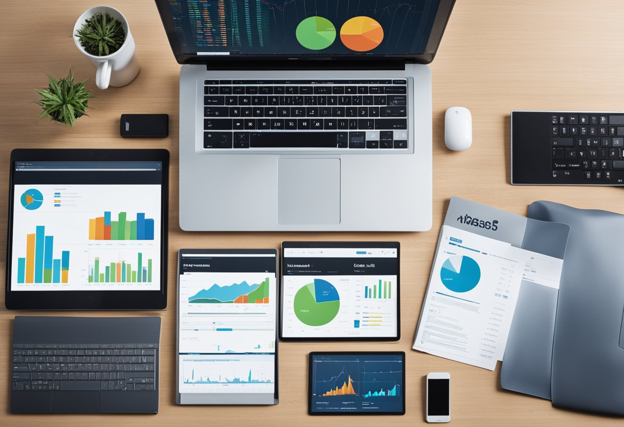 A table with multiple laptops open, each displaying different P2P lending platforms. Charts and graphs are scattered around, showing comparison data