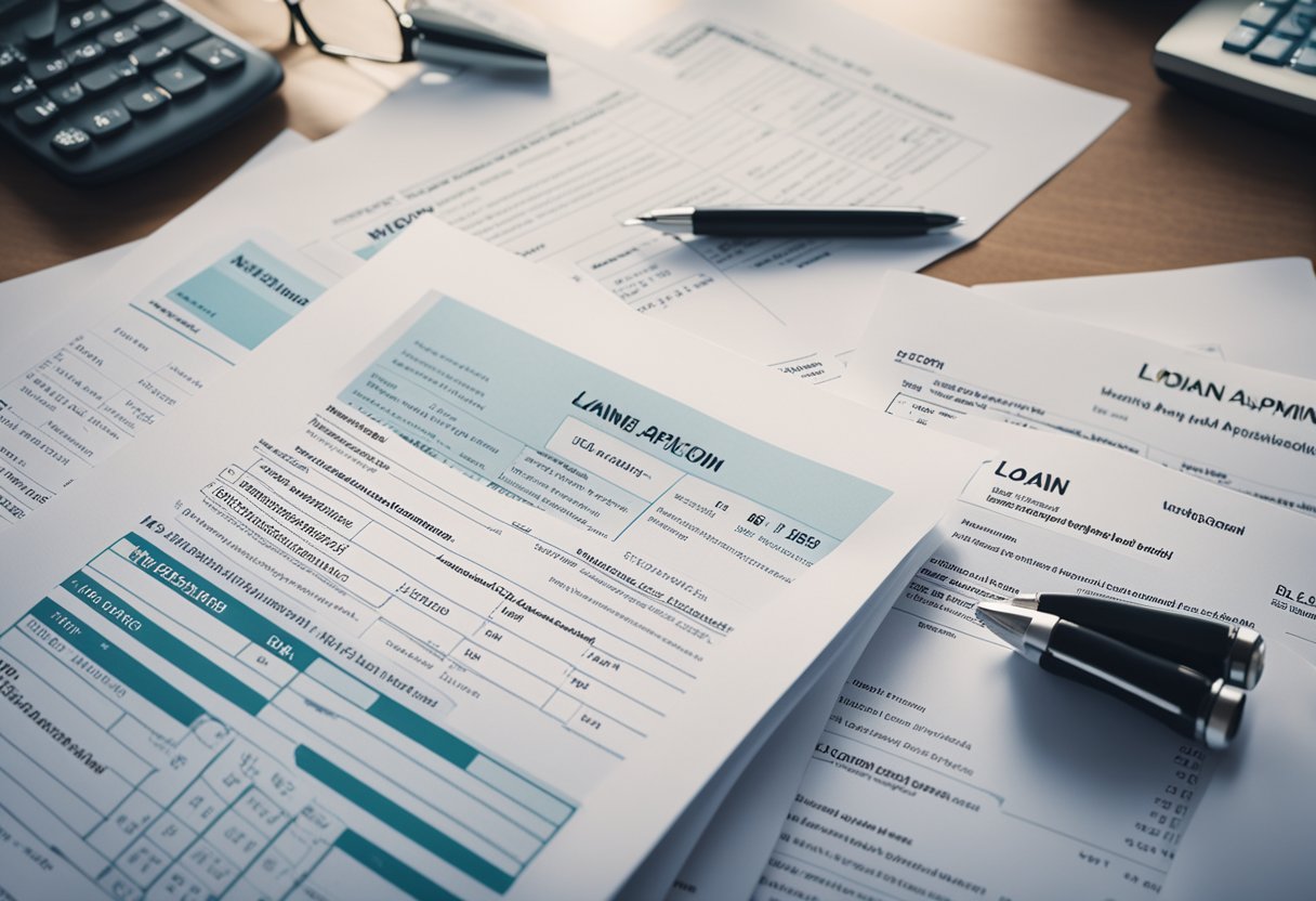 A stack of loan application forms sits on a desk, while a lender reviews and approves them, surrounded by financial documents and a calculator
