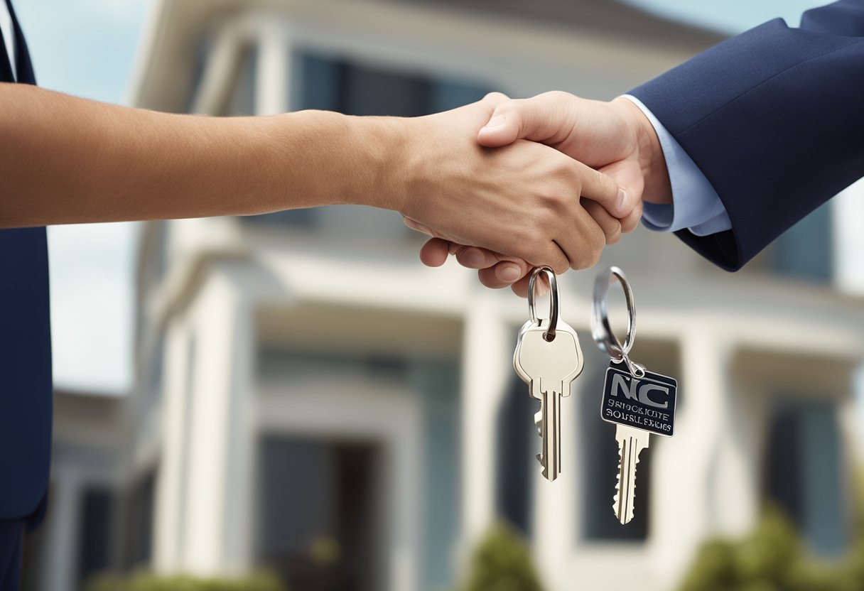 A real estate agent handing over keys to a new homeowner in front of a sold sign