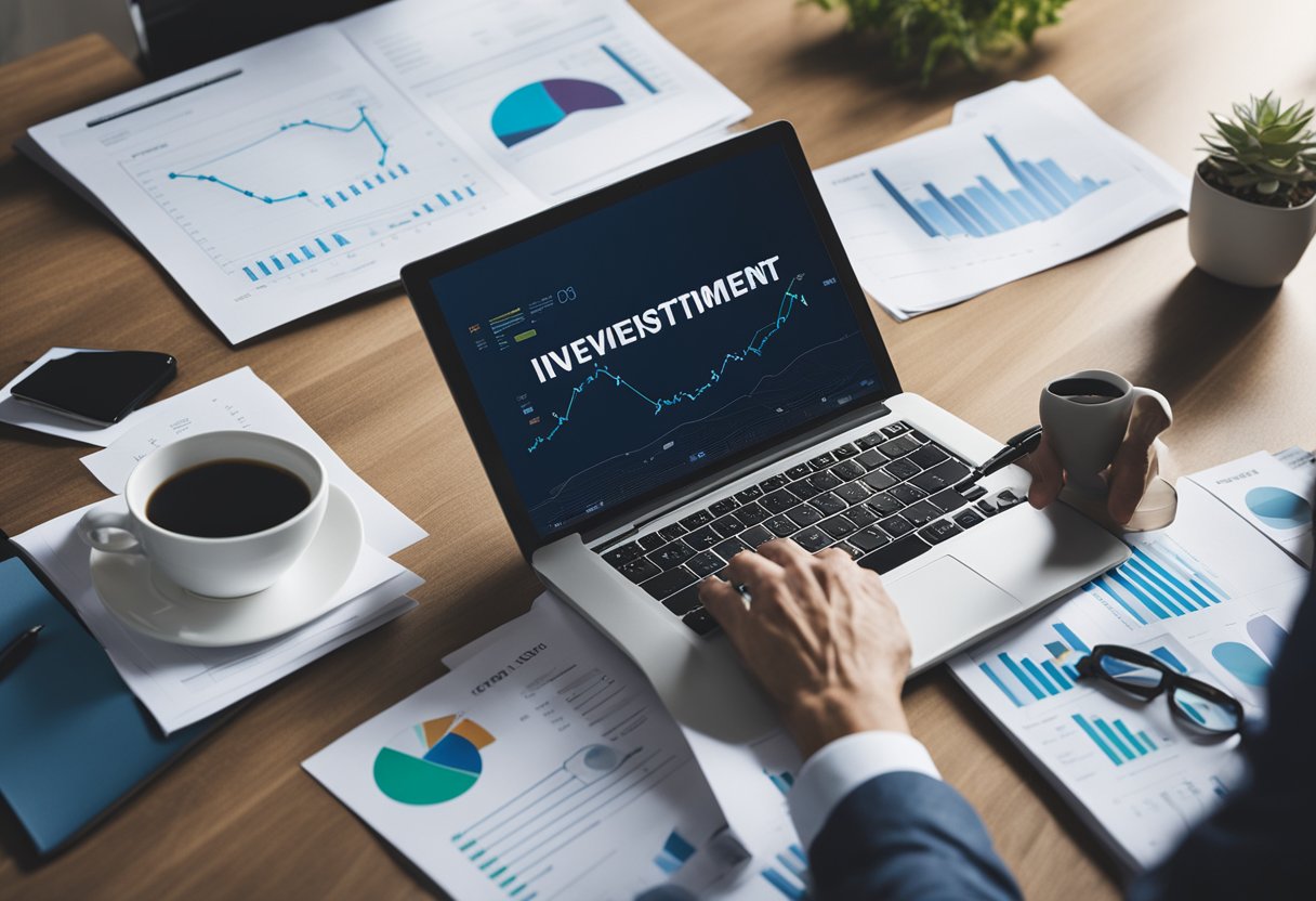 A laptop displaying various real estate investment options, surrounded by charts and graphs. A person's hand holding a pen ready to sign documents