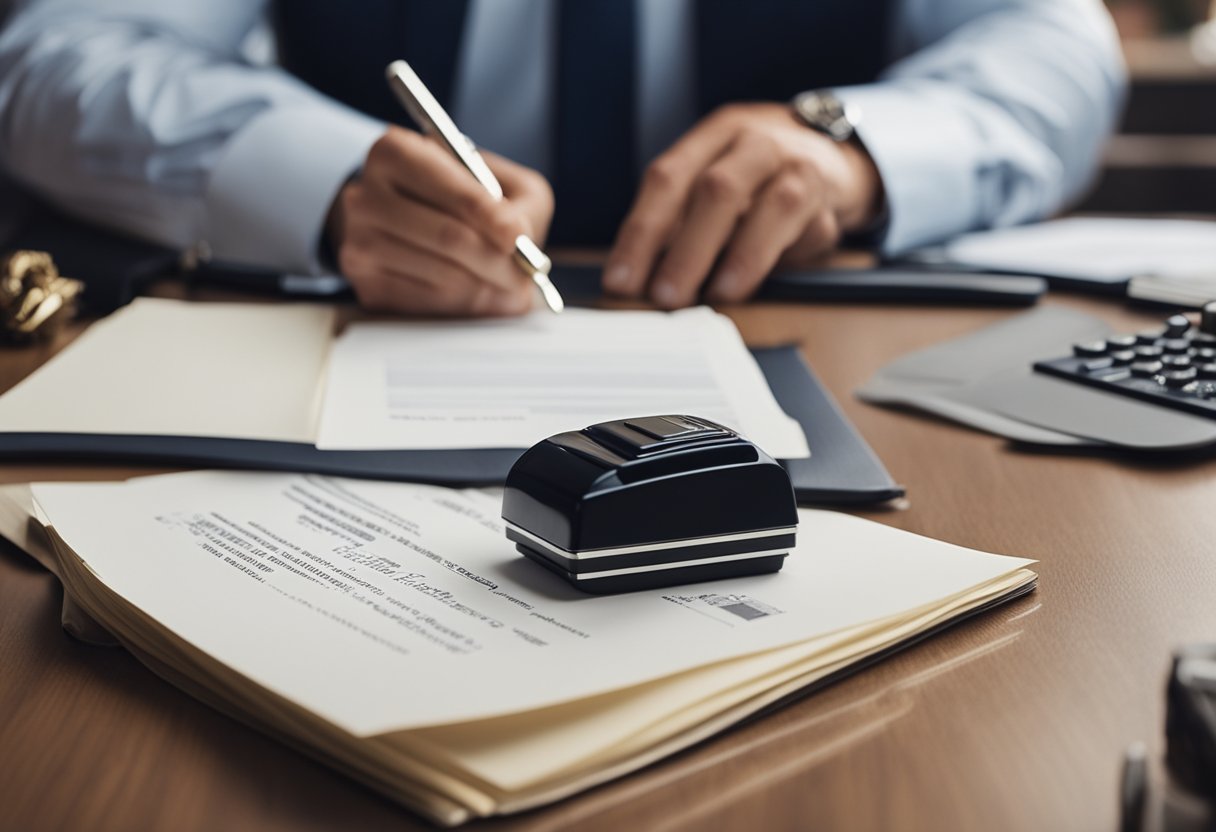 A person signing a legal document with a notary stamp and a stack of real estate notes on a desk