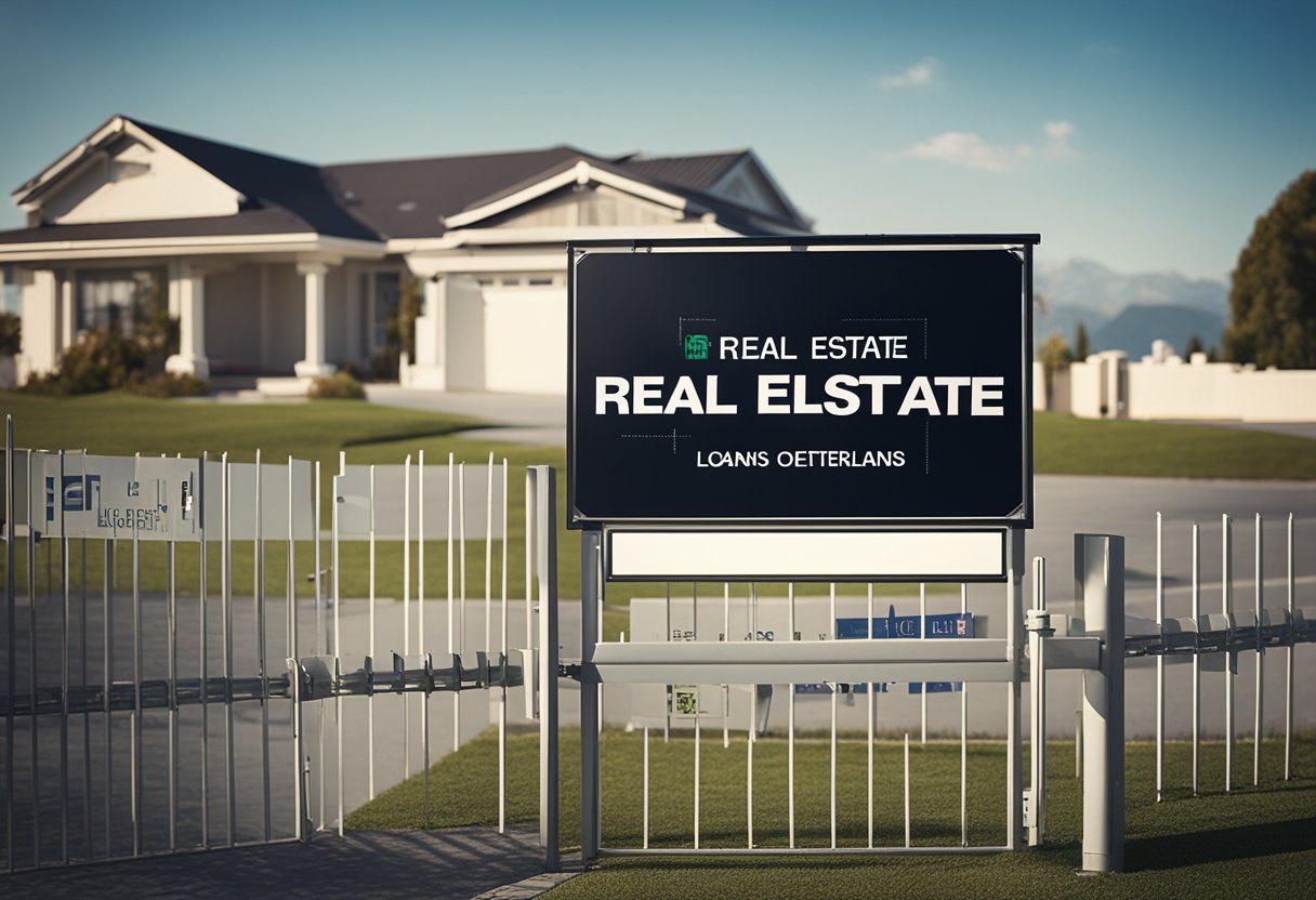 A house surrounded by a secure fence with a large sign displaying "Real Estate Collateral Loans" in front of a bank building