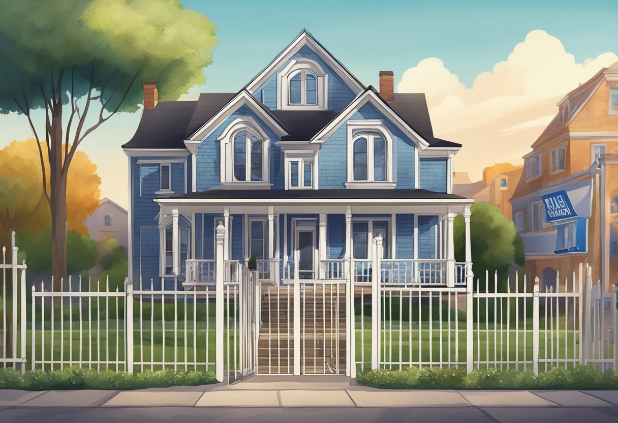 A house with a "For Sale" sign in front, surrounded by a fence, with a bank building in the background