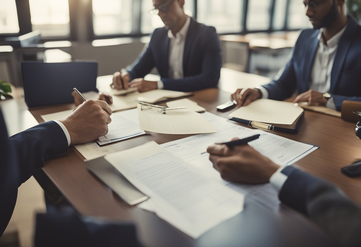A person sitting at a desk, signing documents while a banker reviews property deeds and assesses loan terms for a real estate collateral loan application