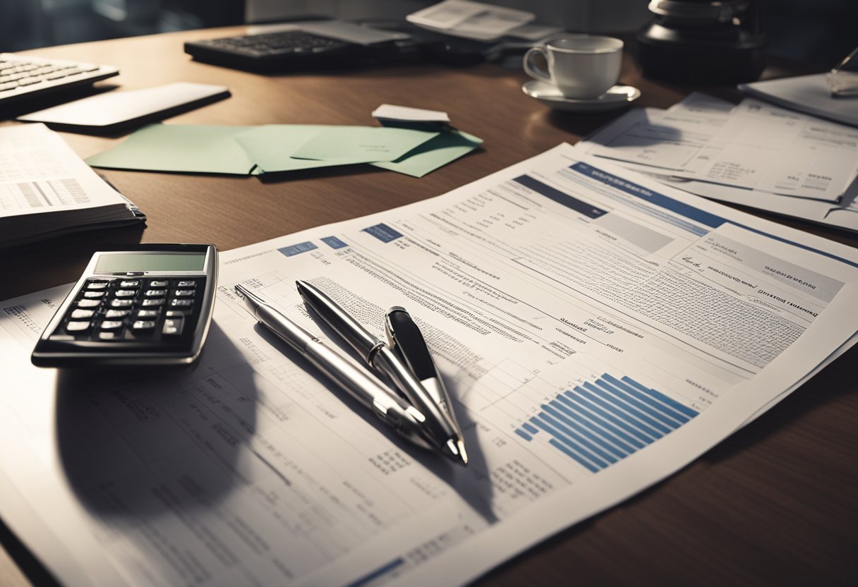 An elegant office desk with a stack of loan documents and a pen, surrounded by charts and graphs, symbolizing financial considerations in private hard money lending