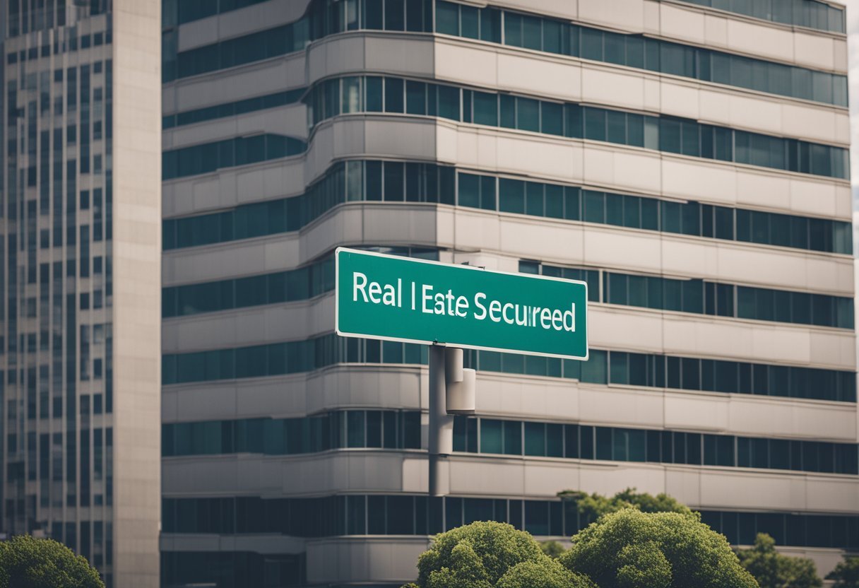 A modern office building with a prominent "Real Estate Secured Credit Lines" sign, surrounded by bustling city streets and other commercial buildings