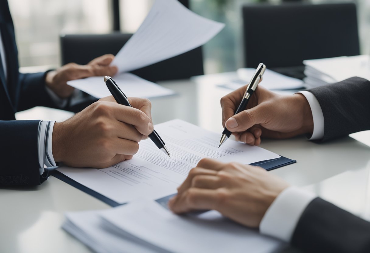 A person signing a contract with a real estate agent, exchanging money and paperwork