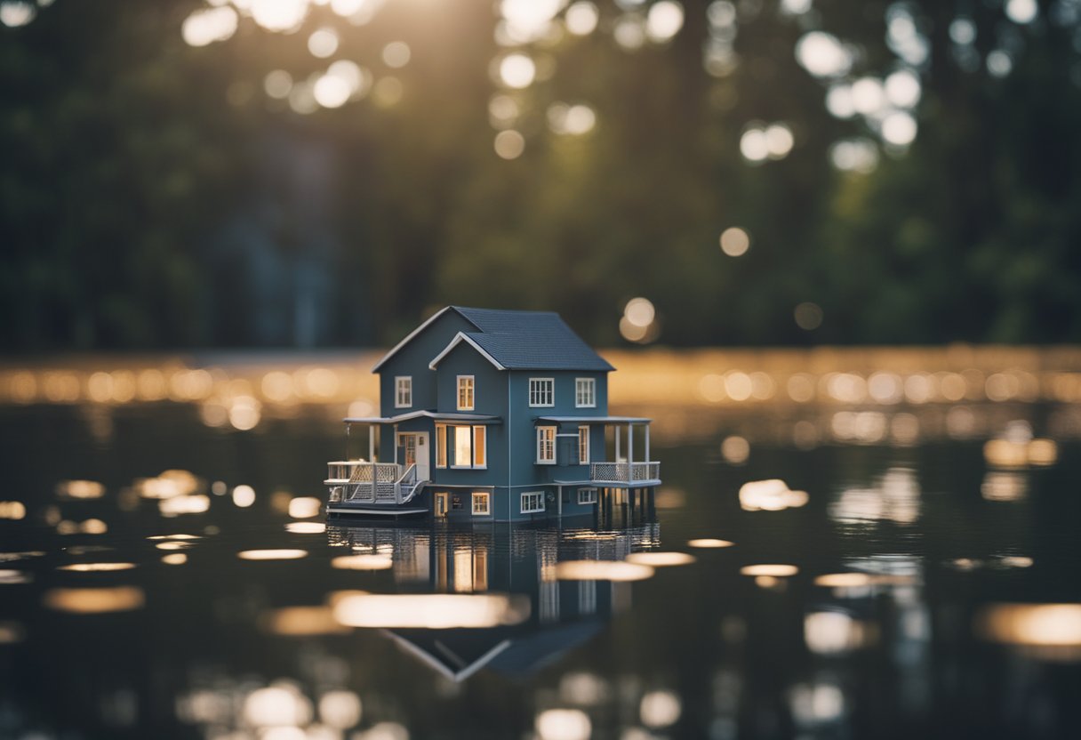 A house surrounded by potential risks - a fire, flooding, and economic downturn