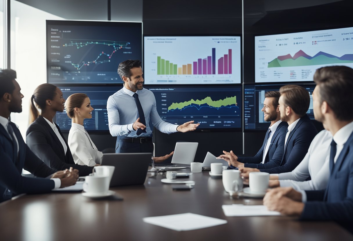 A group of financial professionals discussing private credit investment strategies in a modern office boardroom with charts and graphs displayed on a large screen