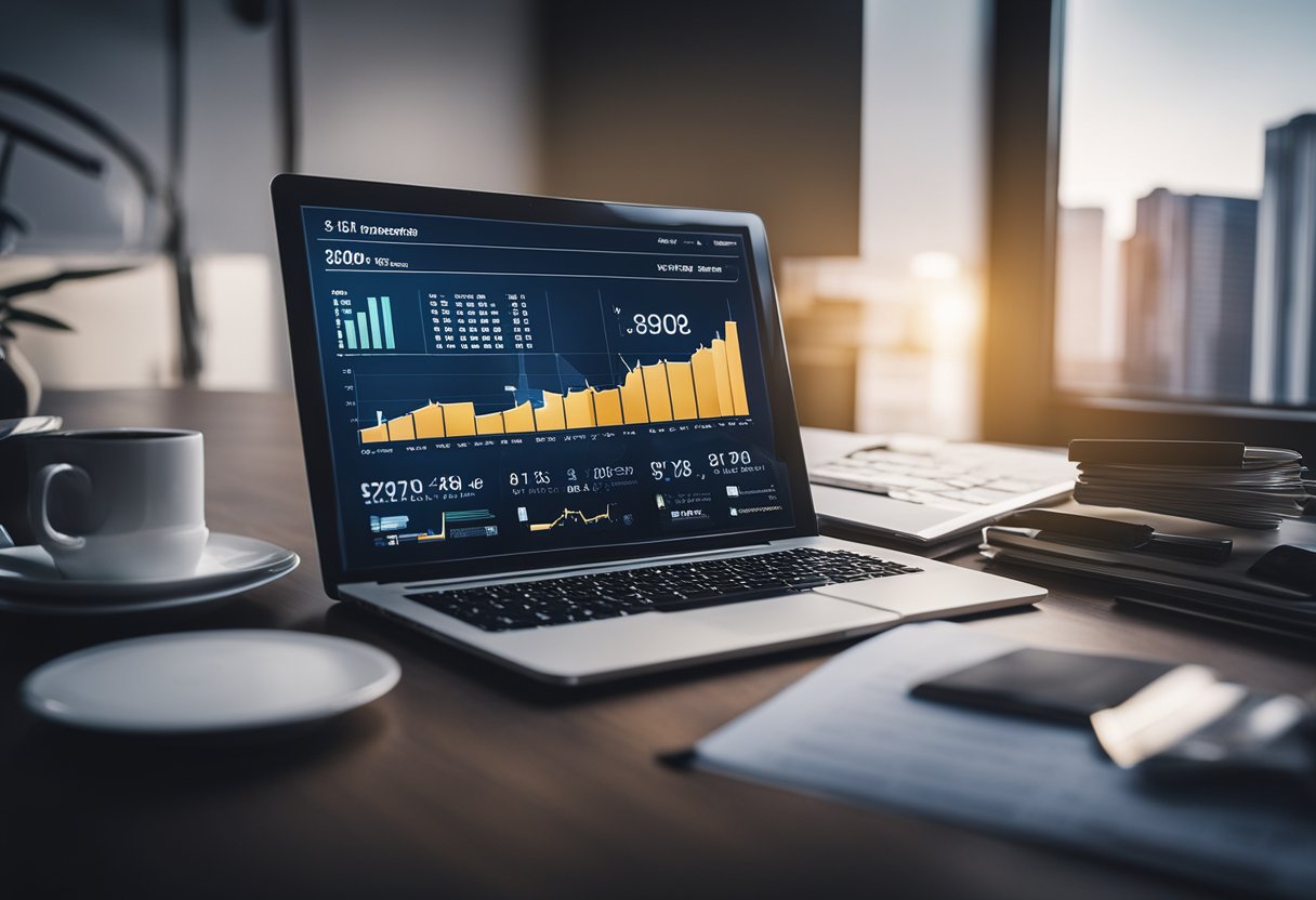 A laptop displaying real estate market trends and investment analysis, surrounded by charts and graphs