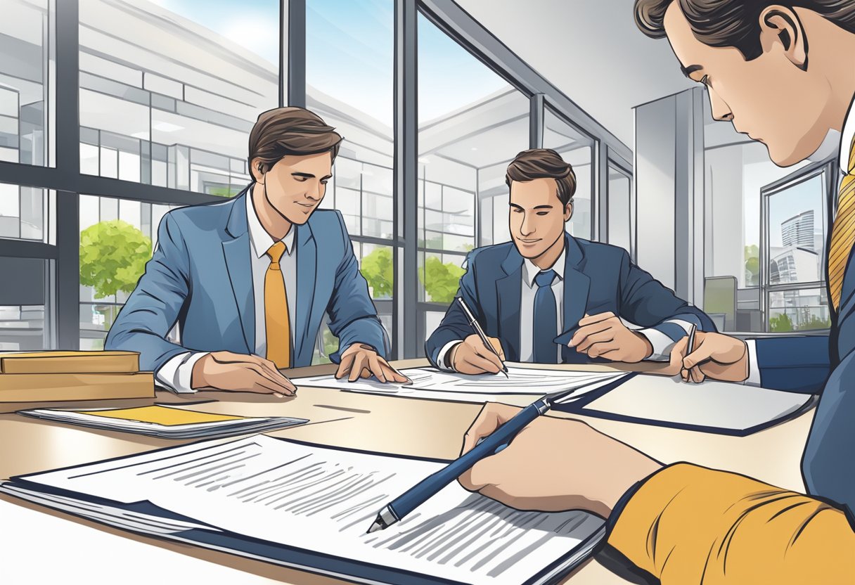 A person signing documents at a bank, with a real estate property in the background