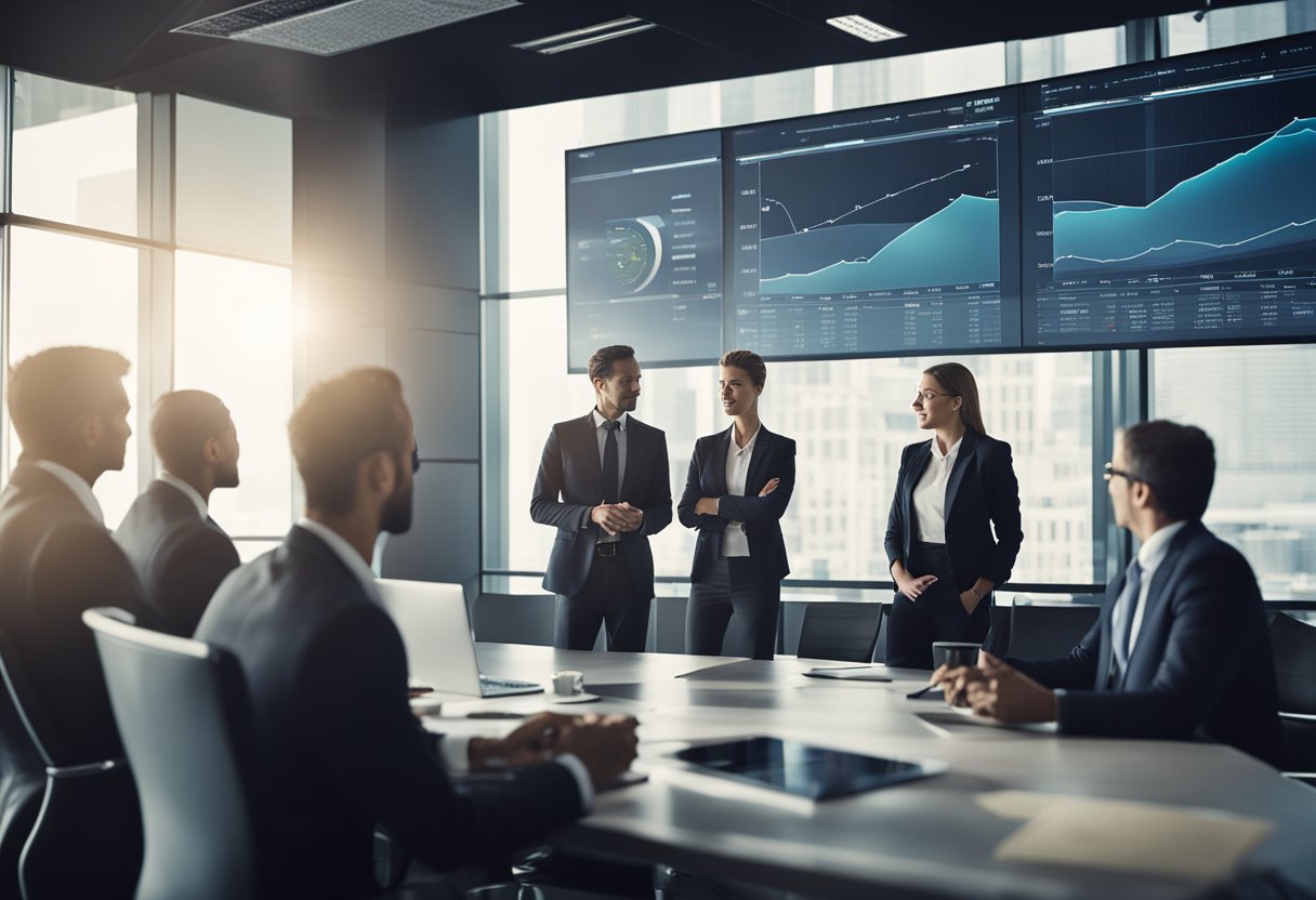 A group of people discussing financial risks and strategies in a boardroom setting, with charts and graphs displayed on a large screen