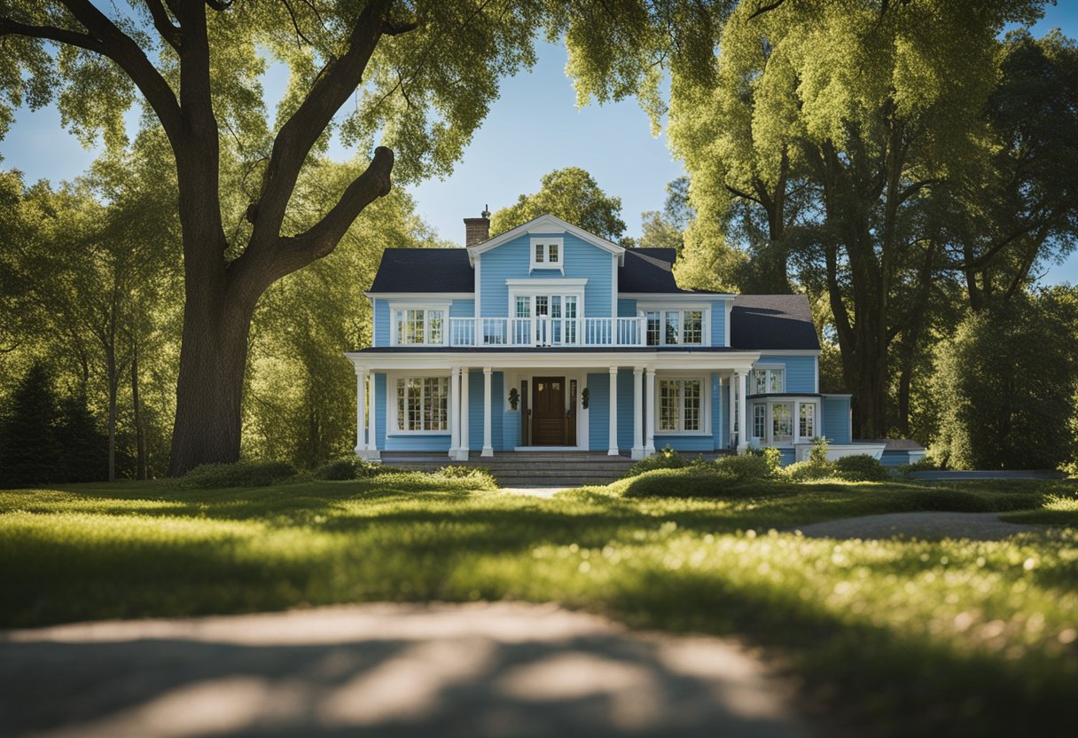 A house with a "For Sale" sign in front, surrounded by trees and a clear blue sky. A bank building in the background