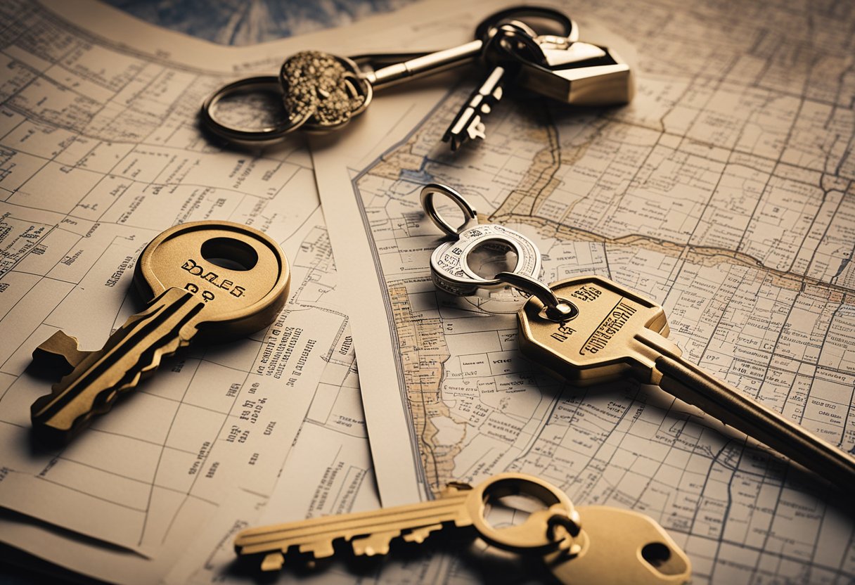 A table with various real estate collateral options: house keys, property deeds, and land survey maps