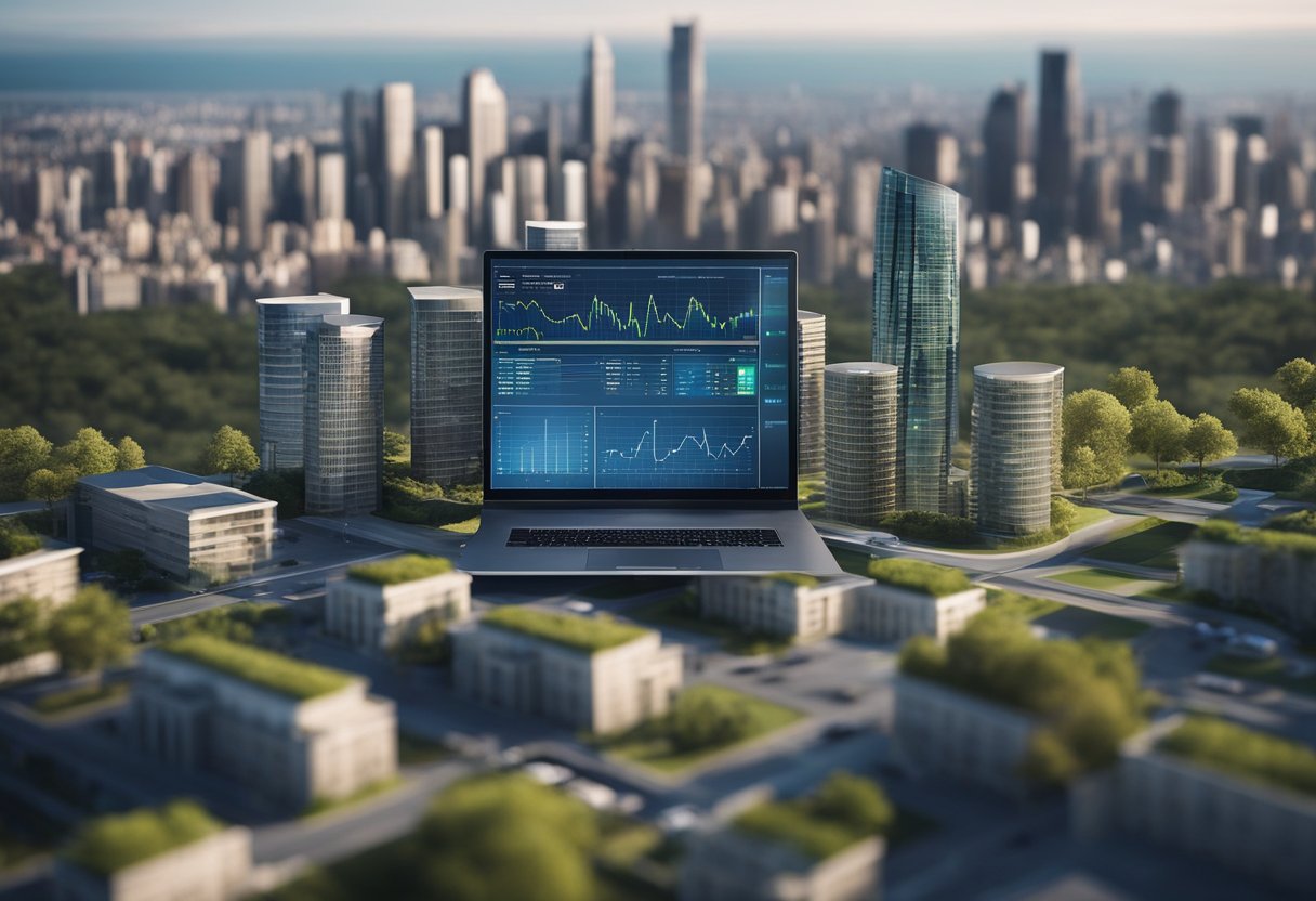 A computer screen displaying real estate plots with fluctuating prices and investment statistics
