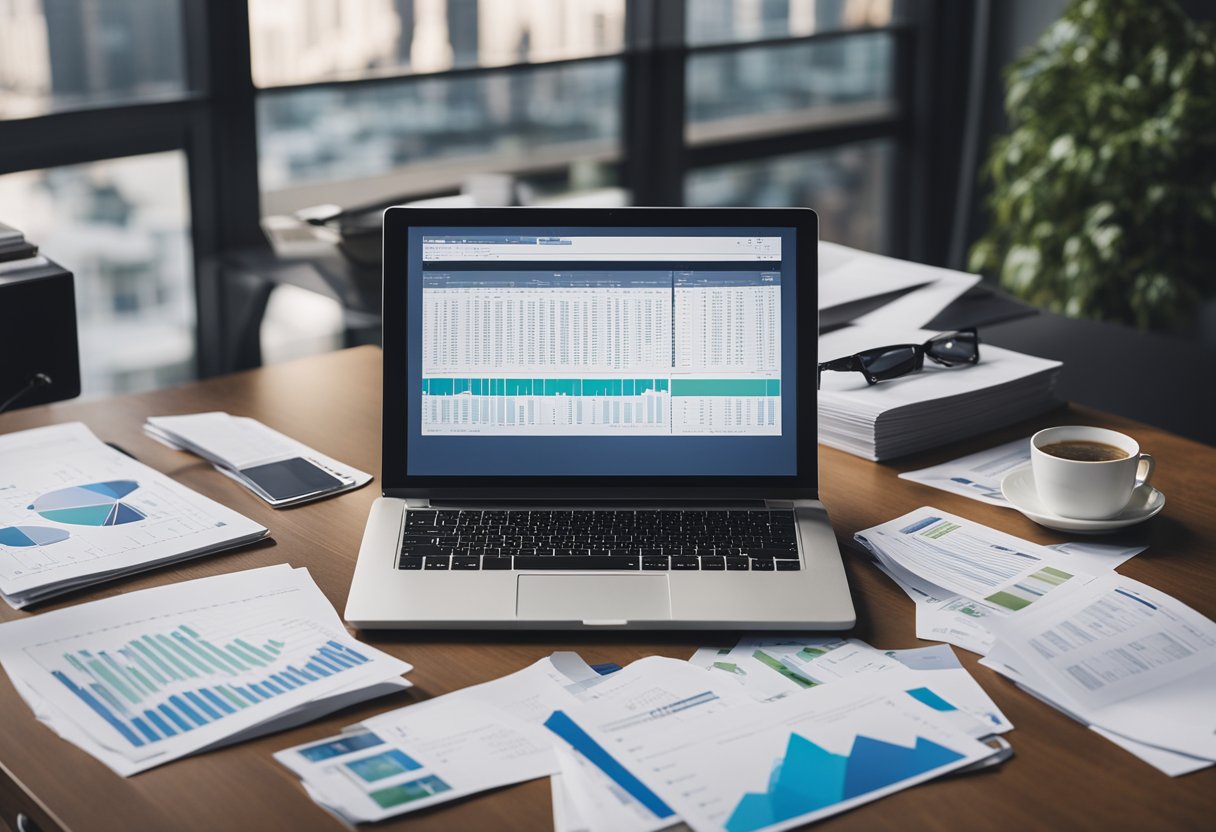 A desk cluttered with financial documents and charts, a computer displaying real estate listings, and a stack of note investor brochures