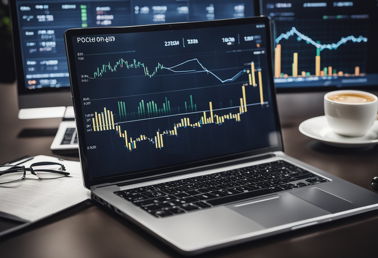 A laptop displaying various p2p investing platforms, surrounded by financial charts and graphs