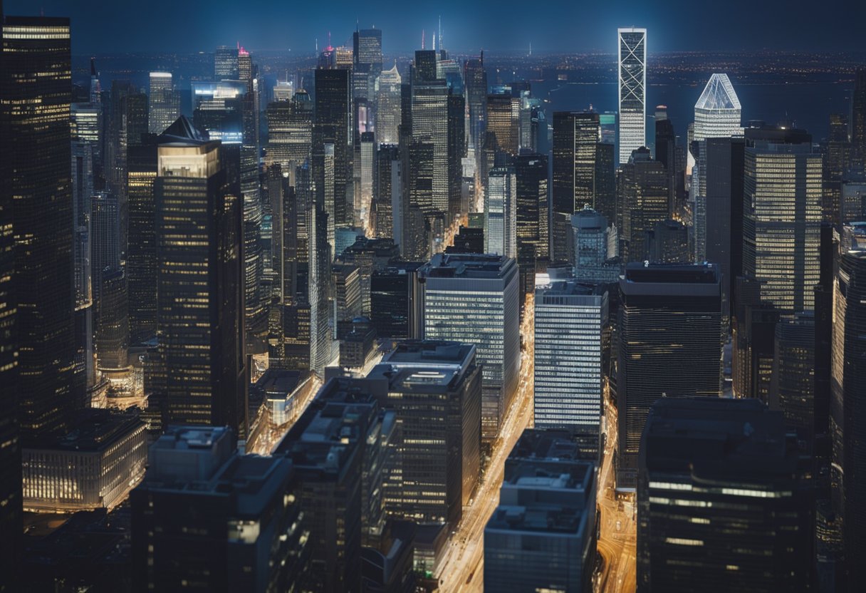 A bustling financial district with skyscrapers and busy streets, where institutional investors discuss private credit opportunities in modern office buildings