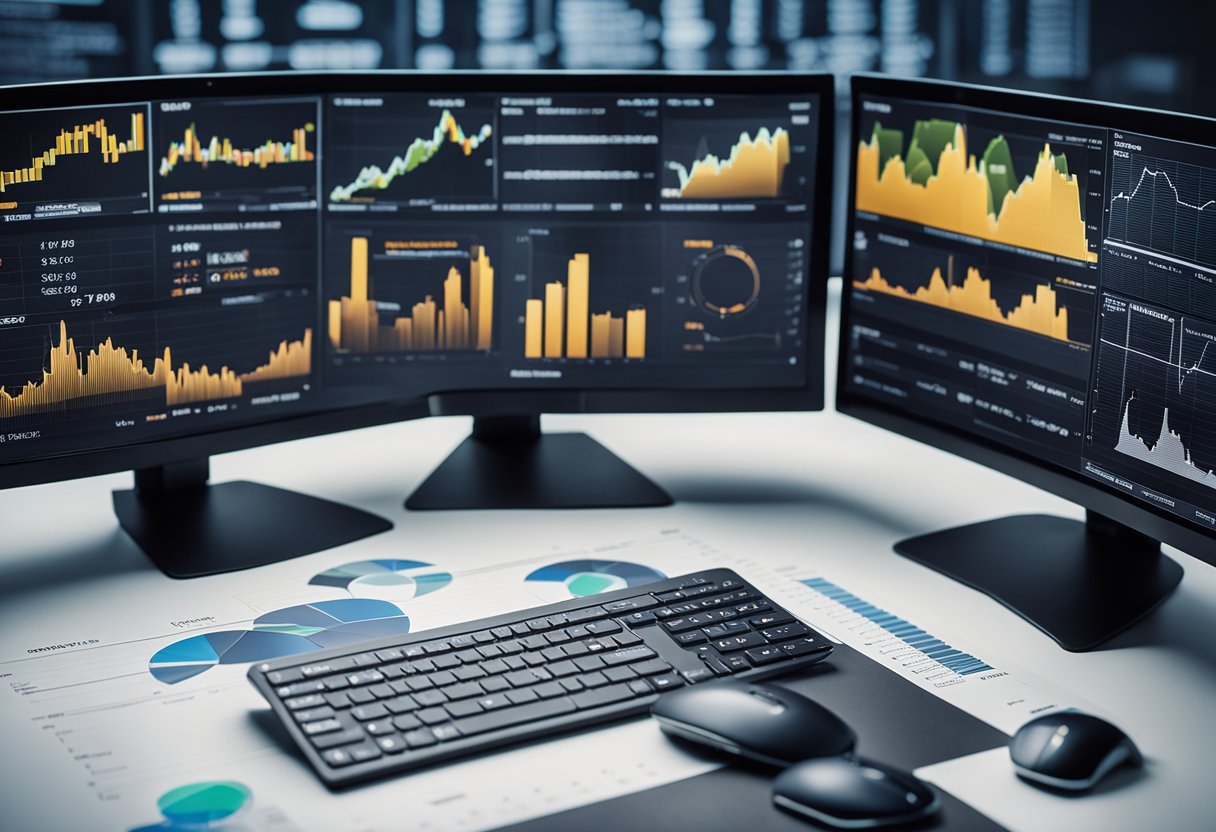 A computer screen displaying various charts and graphs related to REIT investment, with a person's hand hovering over a mouse