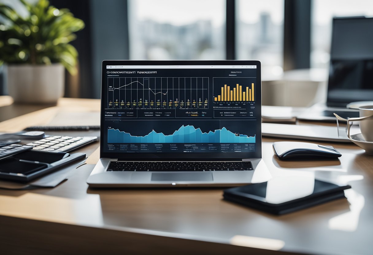 A laptop open on a desk with a graph showing investment growth, surrounded by real estate brochures and a calculator