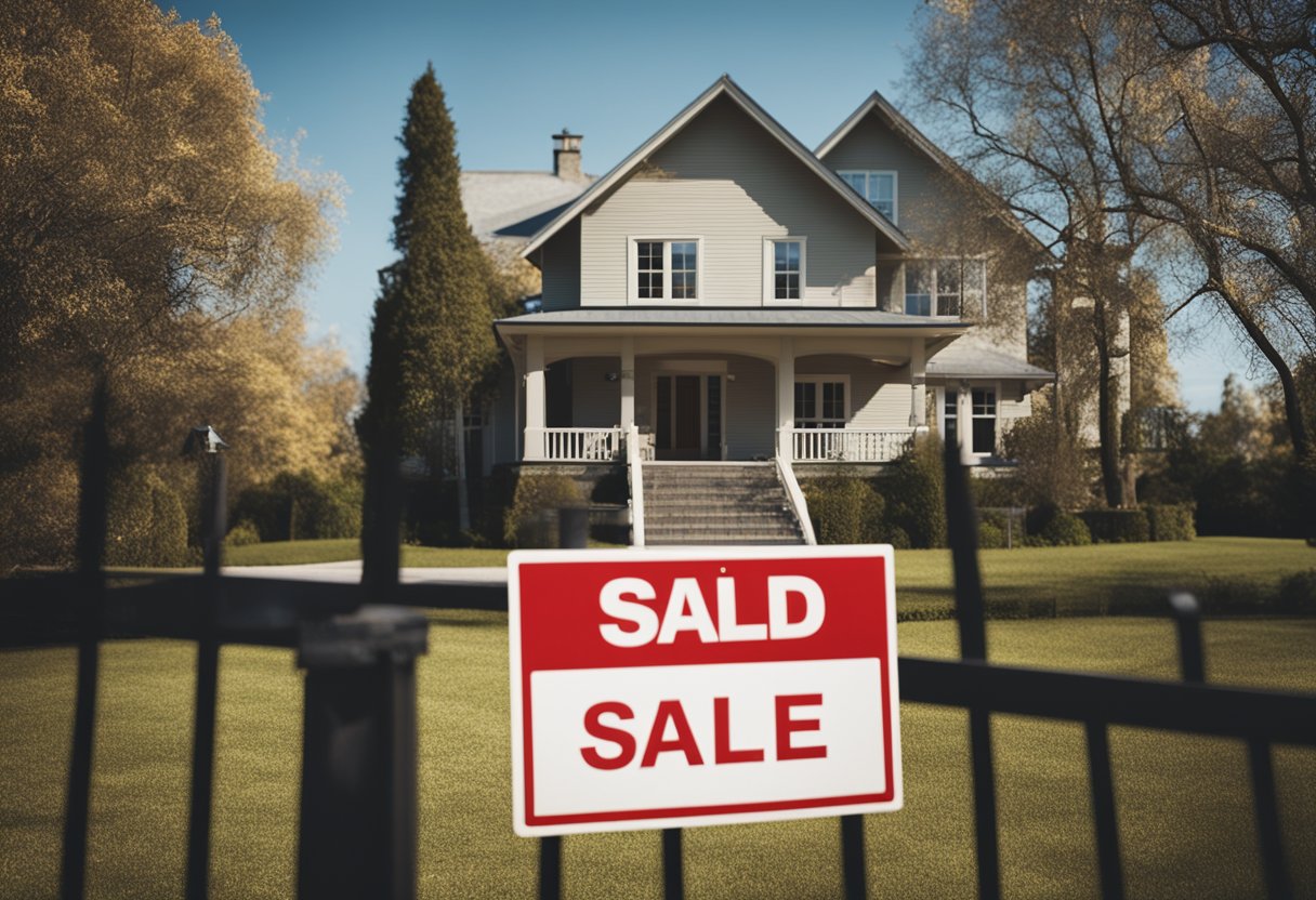 A house with a "For Sale" sign in front, surrounded by trees and a fence. A bank building in the background