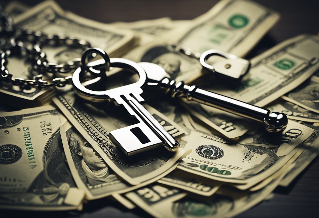 A house key dangling from a chain, surrounded by stacks of money and a legal document