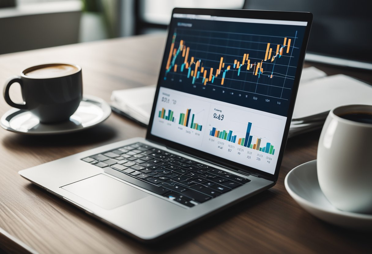 A laptop displaying real estate investment graphs and charts on a desk with a cup of coffee