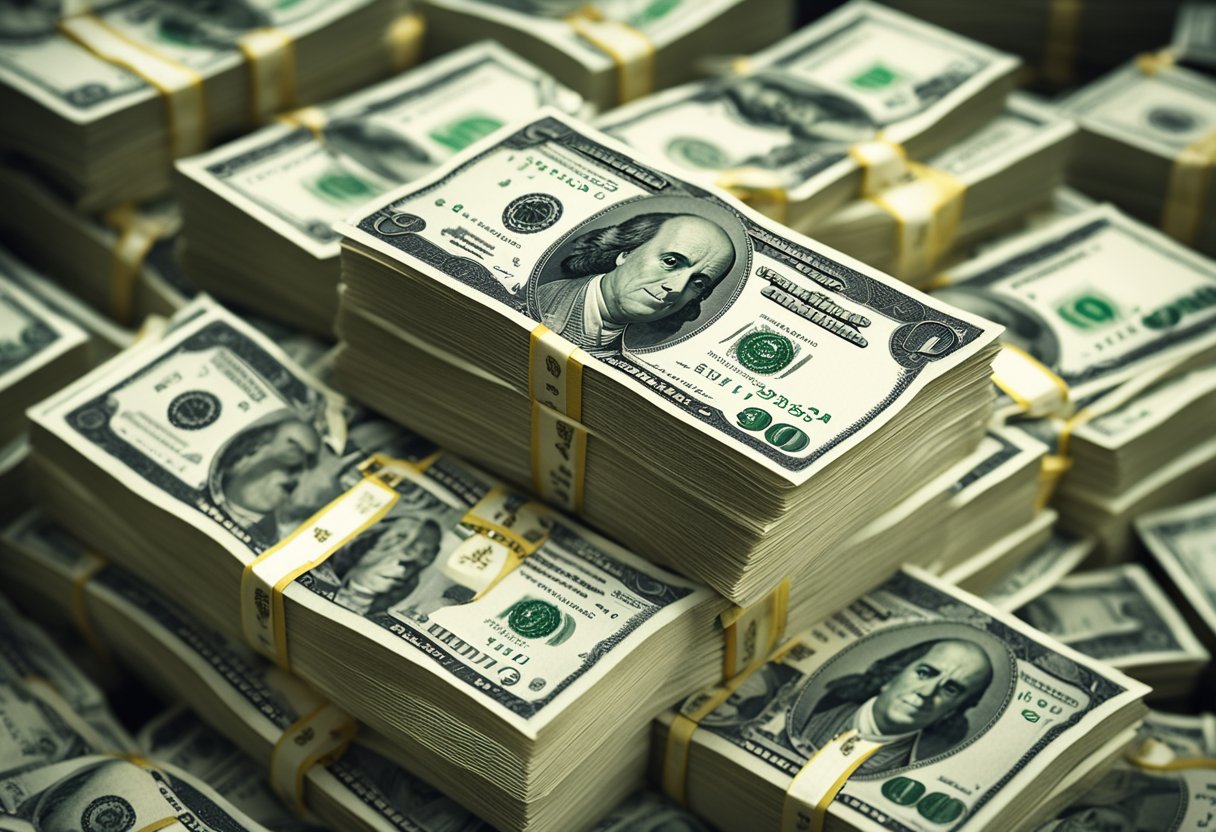 A stack of mortgage notes with dollar signs floating above them