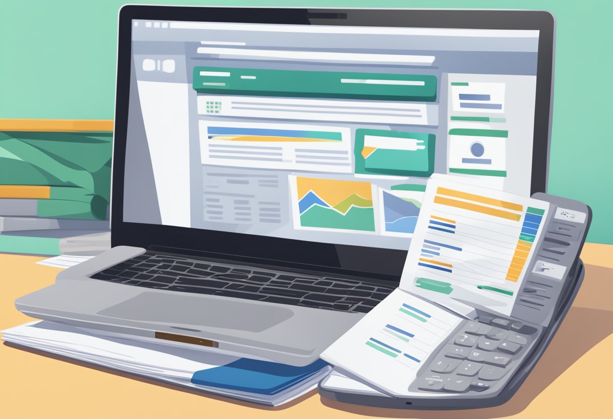 A laptop open on a desk, showing a real estate website with rental property listings. A stack of paperwork and a calculator sit nearby