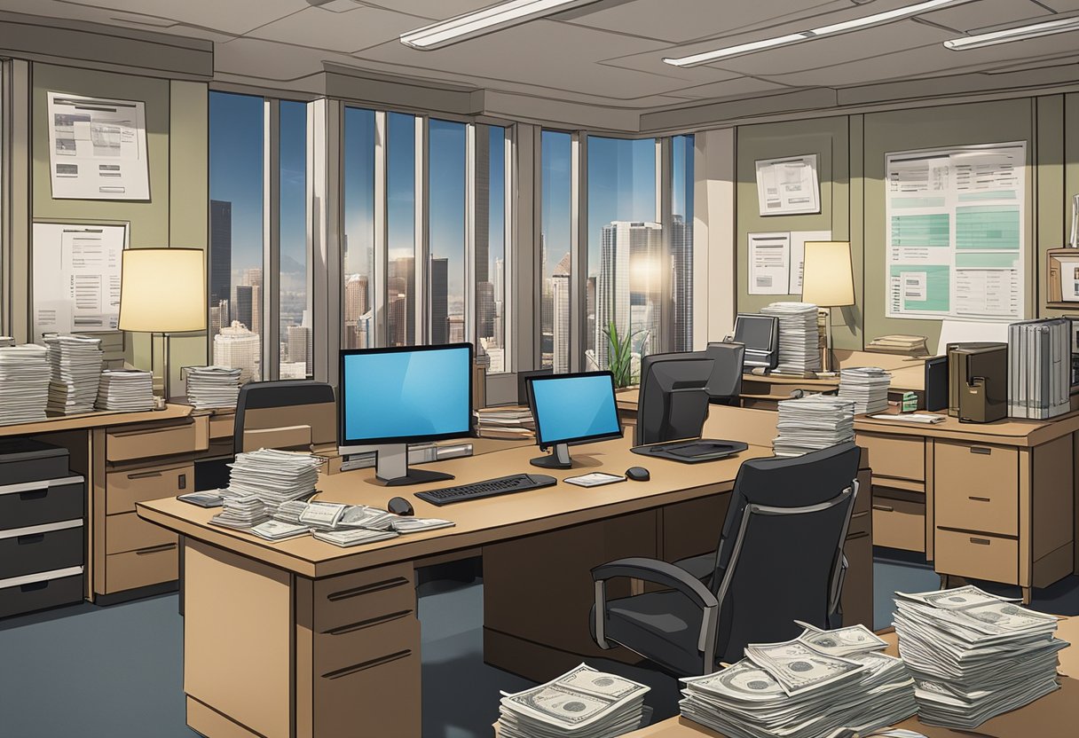 A modern office with a desk, computer, and stacks of paperwork. A sign on the wall reads "Properties and Projects private hard money lending."