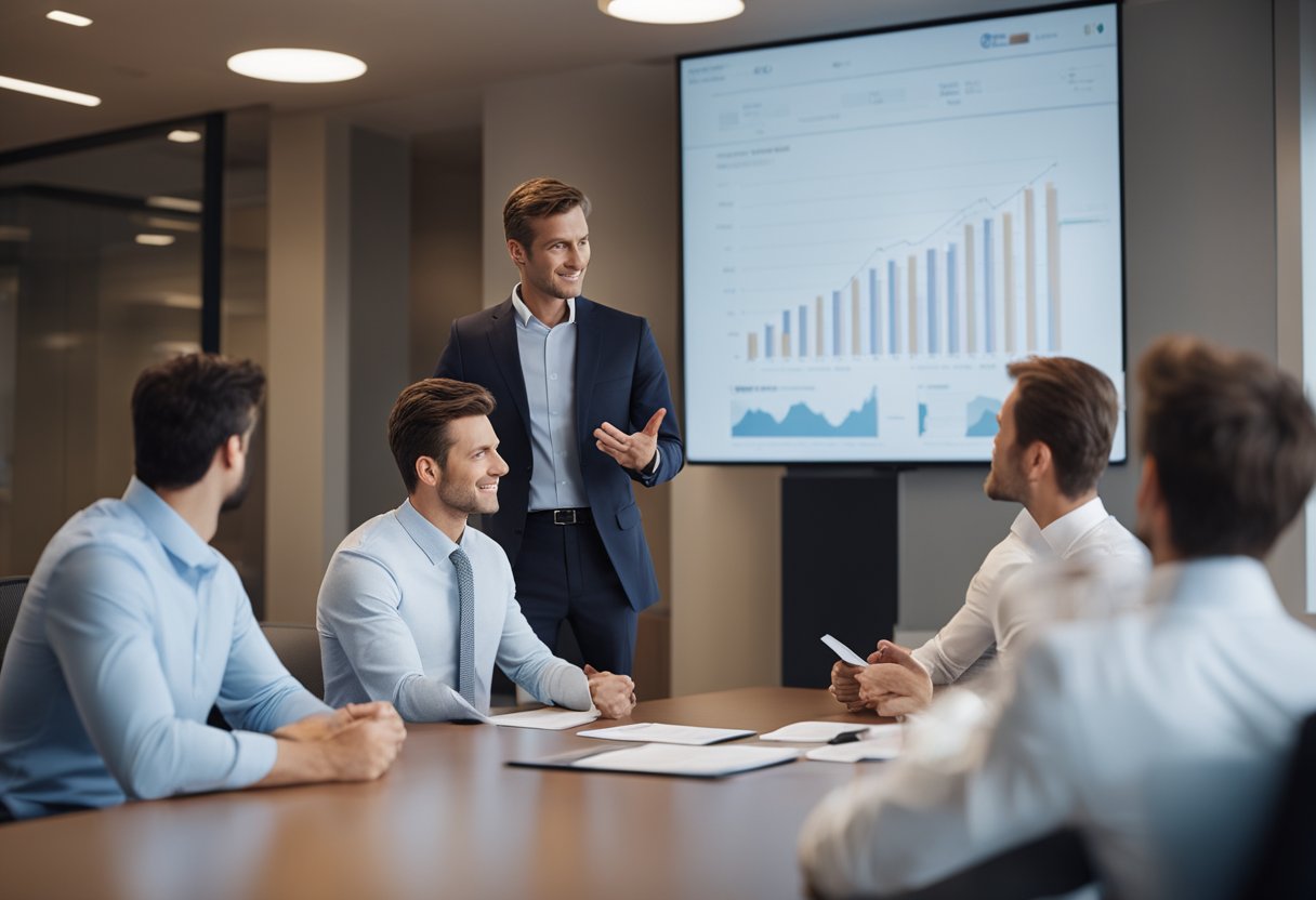 A person presenting documents to a group of attentive investors at a conference table
