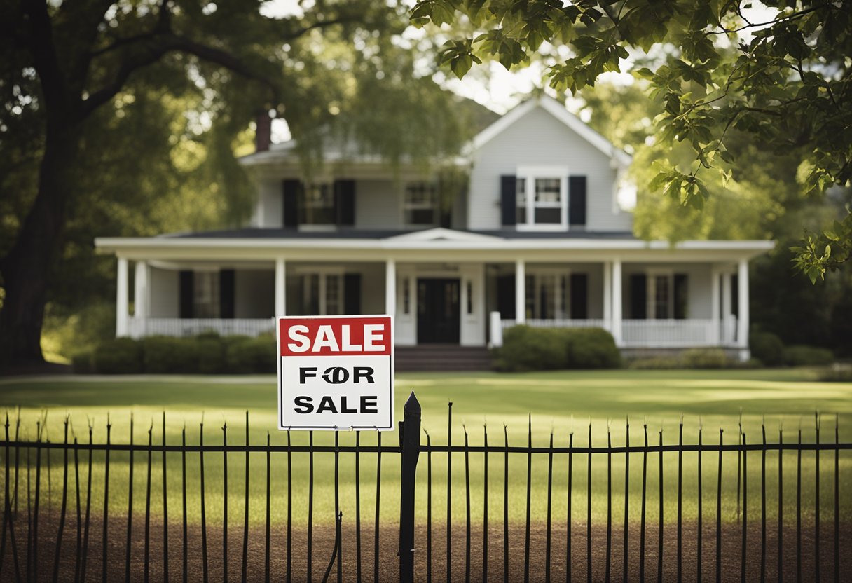 A house with a "For Sale" sign in front, surrounded by a fence and trees, with a bank building in the background