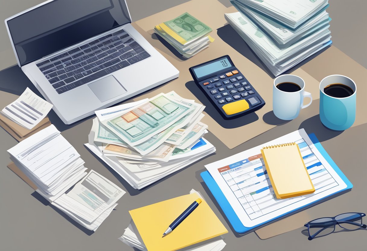 A table with scattered financial documents, a calculator, and a laptop. A stack of real estate note investments sits next to a pen and notepad