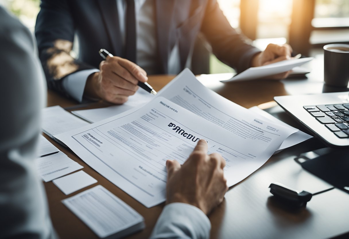 A person sitting at a desk, filling out paperwork while a real estate agent shows a property. A bank representative reviews documents and a house is depicted as collateral