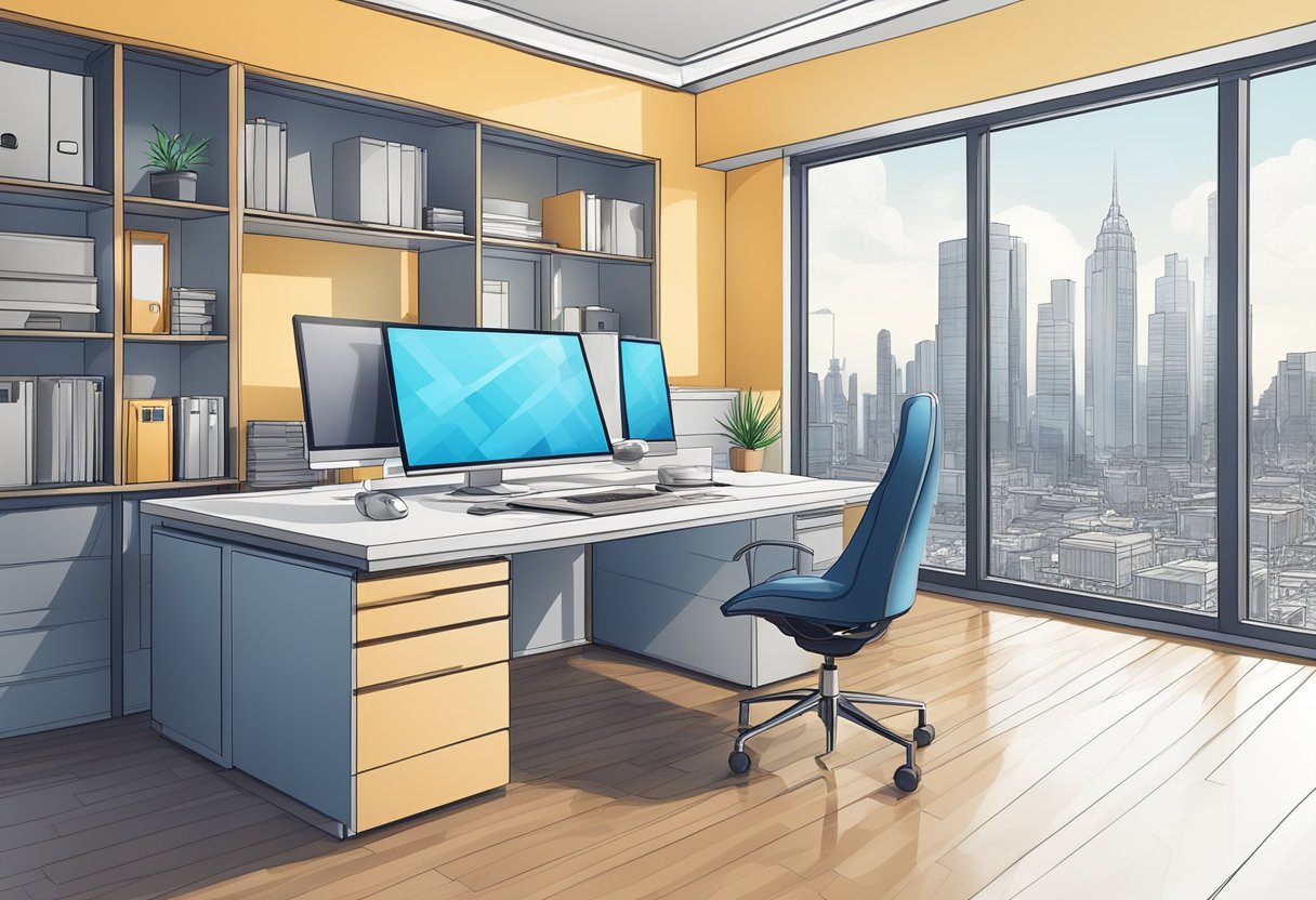 A modern office desk with a computer, documents, and a set of keys, surrounded by architectural blueprints and a city skyline in the background