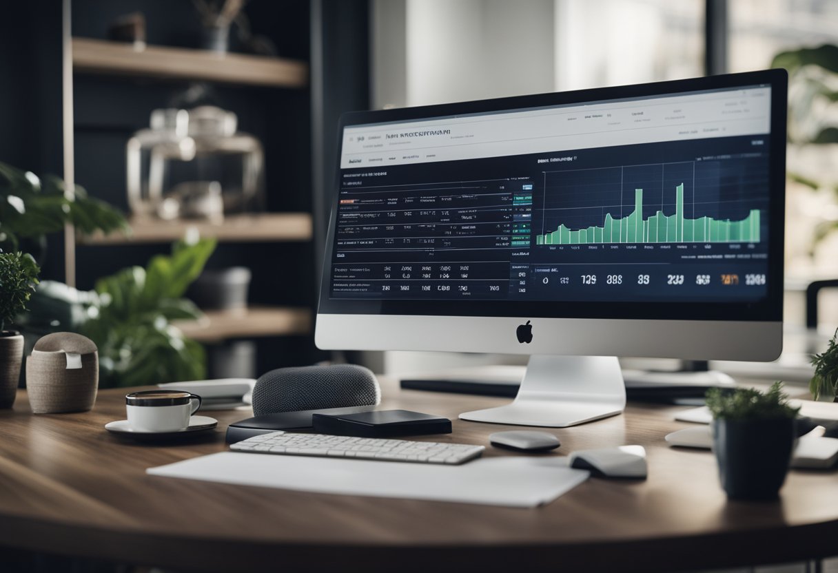 An online real estate investment platform with charts, graphs, and a computer screen showing property listings and financial data