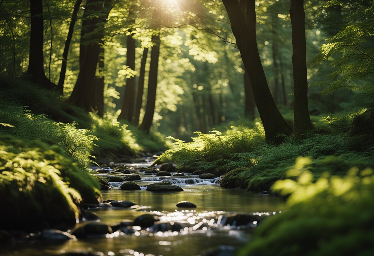 A tranquil forest clearing with a small stream, surrounded by towering trees and dappled sunlight. A sense of serenity and seclusion