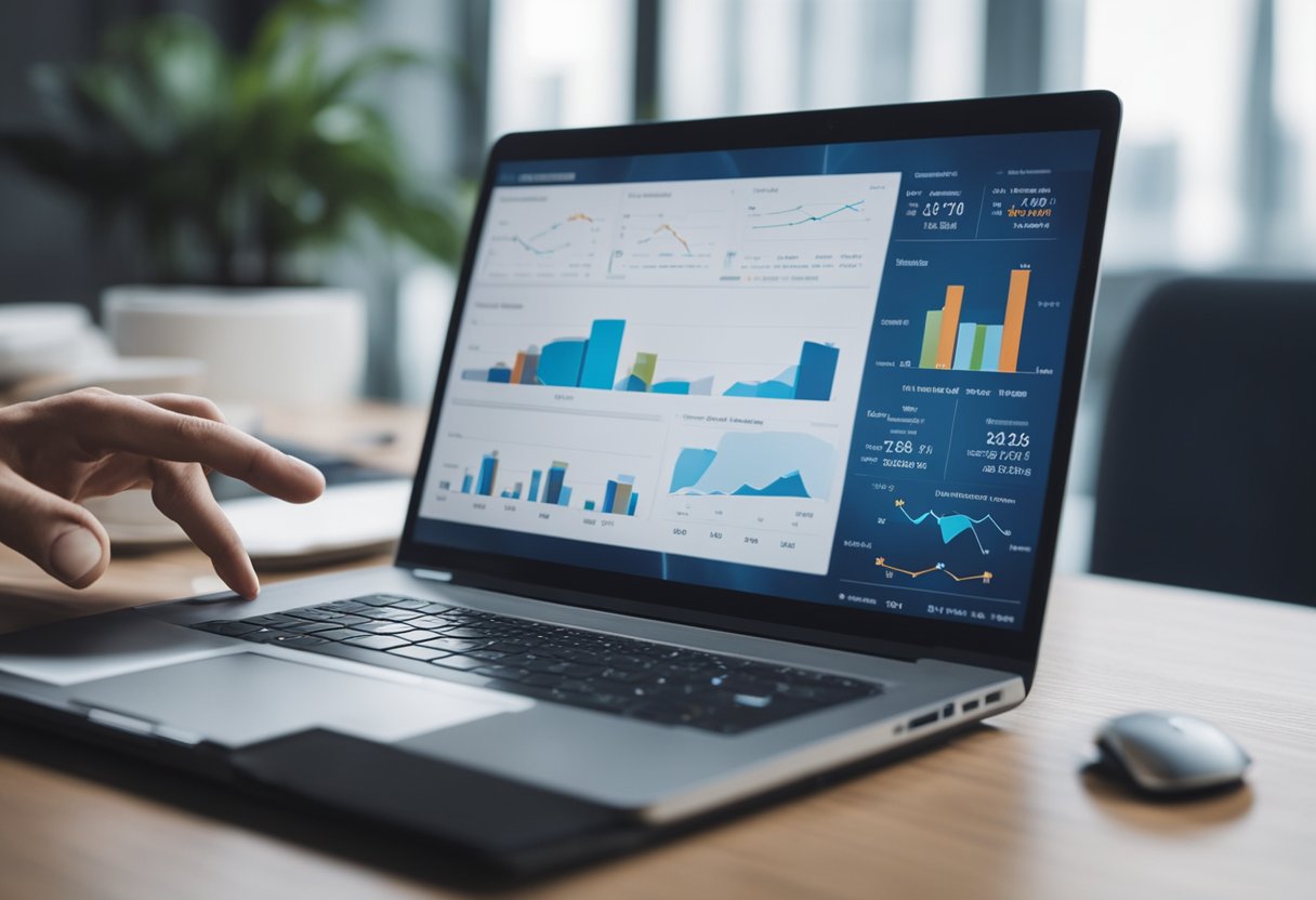 A laptop displaying real estate investment graphs and charts with a hand moving a mouse to manage rental income
